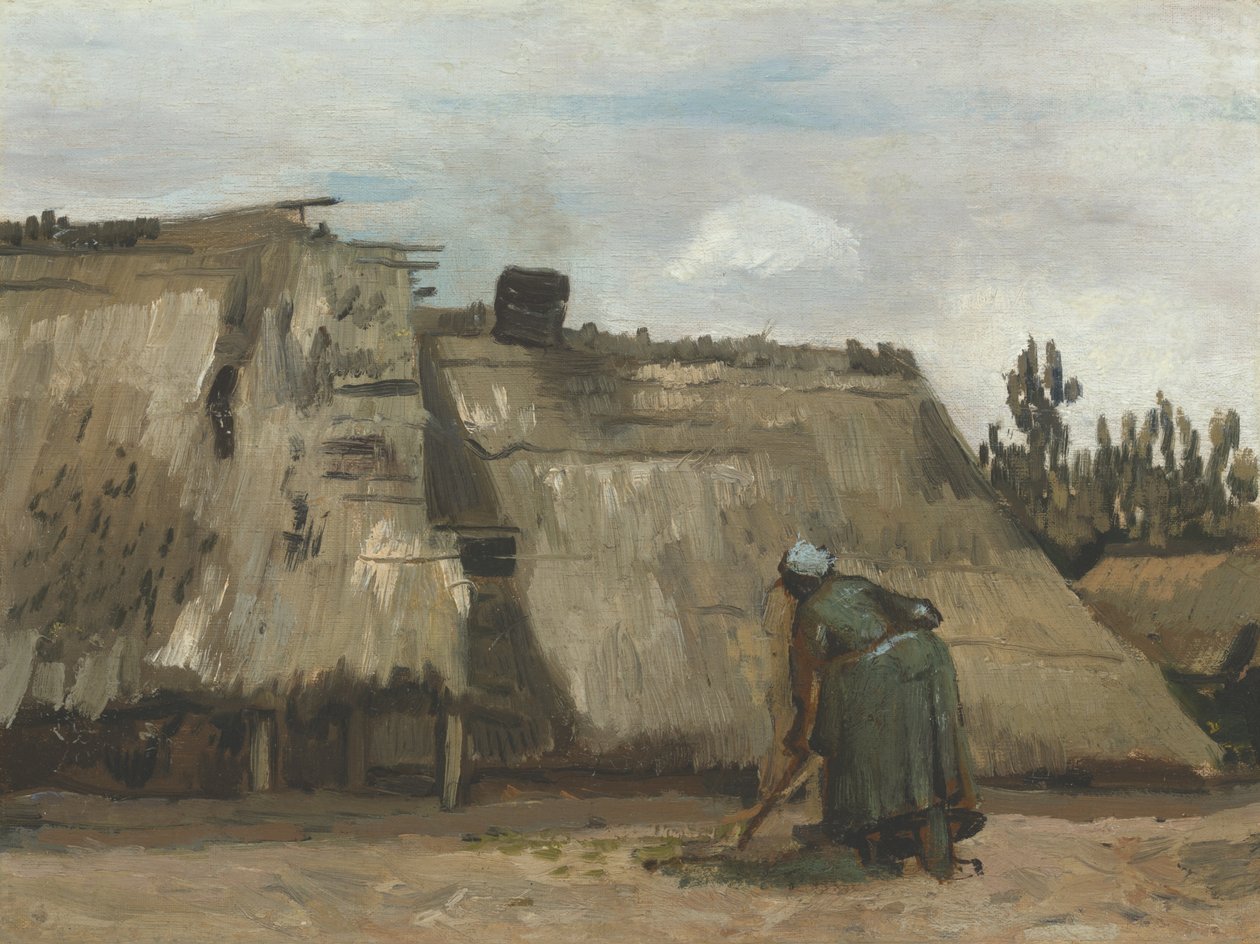 Talonpoikaisnainen kaivamassa mökkinsä edessä tekijältä Vincent van Gogh