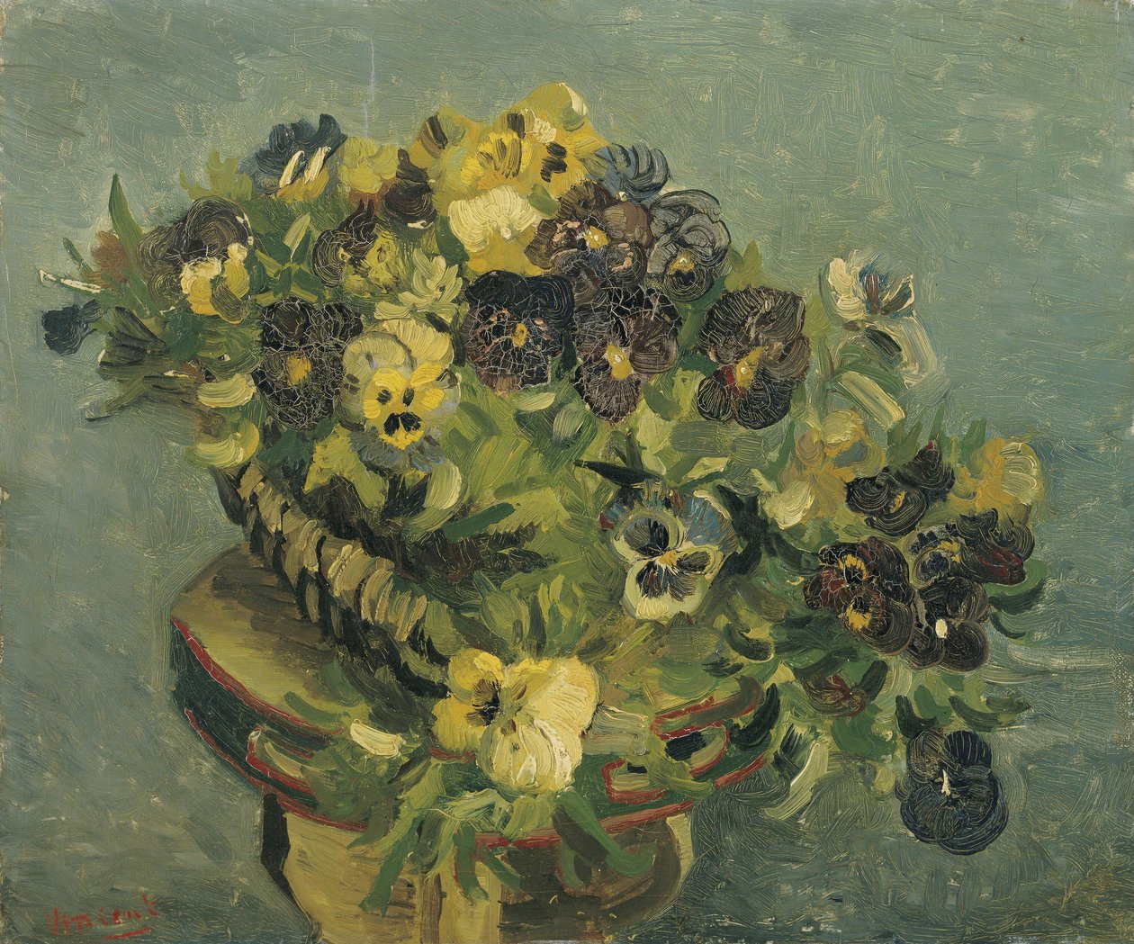 Pieni pöytä, jolla on kori täynnä orvokkeja tekijältä Vincent van Gogh