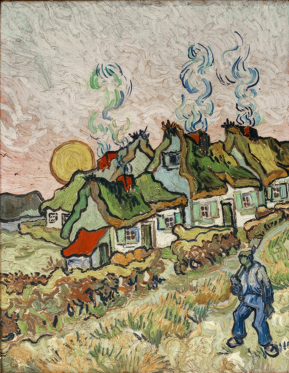 Bauernhäuser bei Sonnenuntergang tekijältä Vincent van Gogh