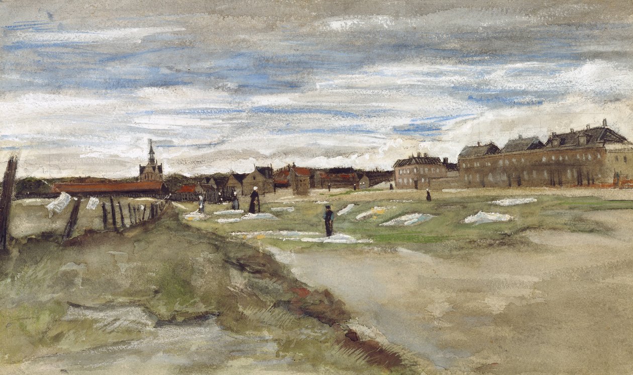"Blanchisserie à Scheveningen" Bleachery at Scheveningen (etusivu); "Femme de Scheveningen" Nainen Scheveningenistä (kääntöpuoli). tekijältä Vincent van Gogh