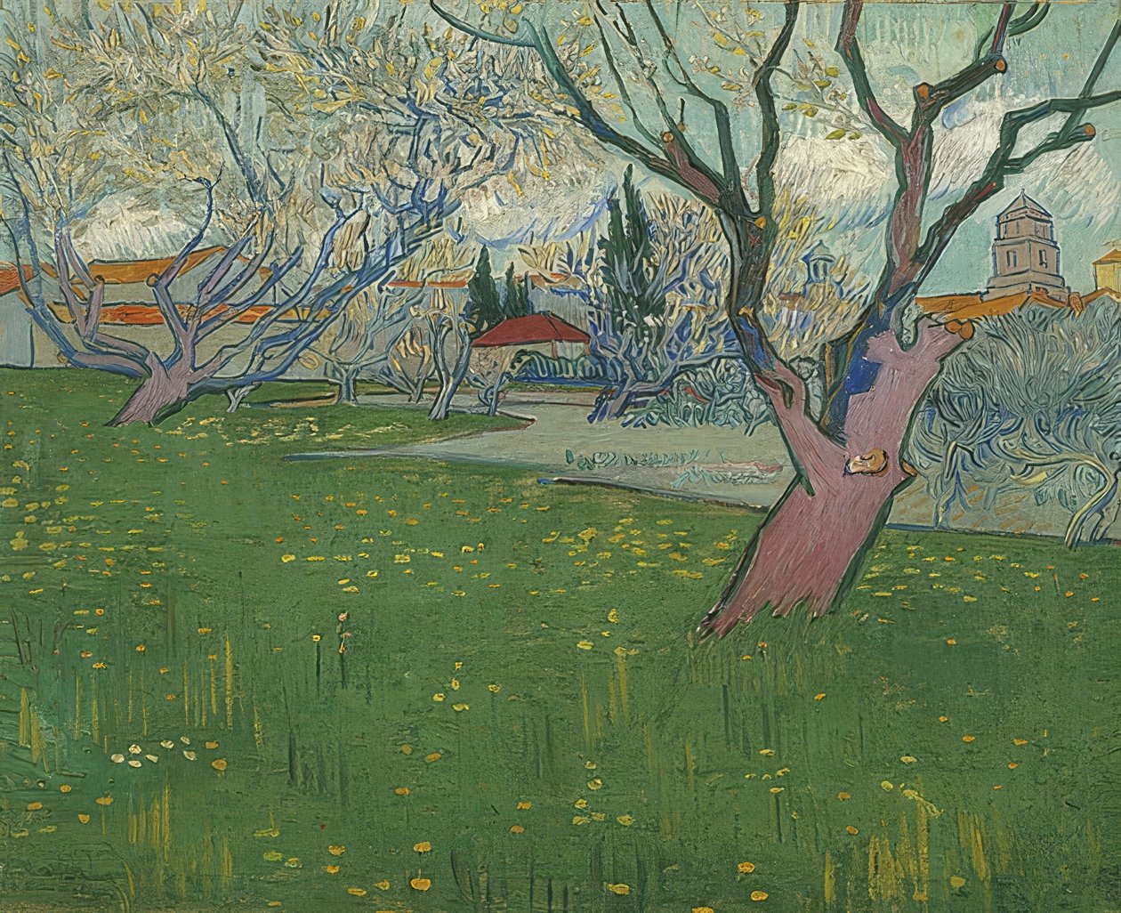 Kukkiva hedelmätarha, josta on näkymät Arlesiin. 1889 tekijältä Vincent van Gogh
