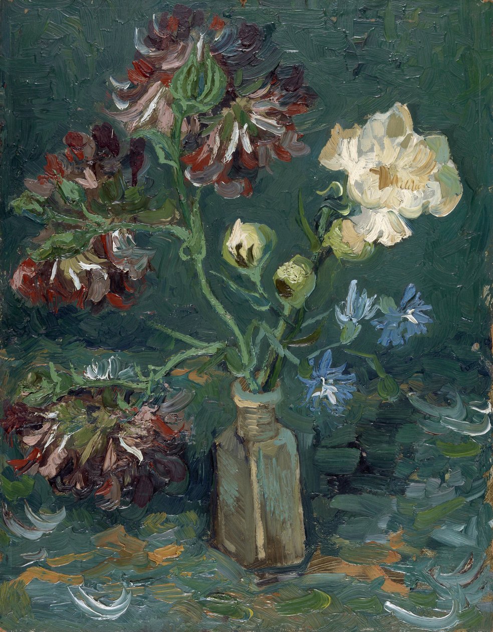 Pullo pioneja ja sinisiä delphiniumeja, kirjoittanut Gogh, Vincent, van (1853-1890). Öljy pahville, koko: 34,5x27 tekijältä Vincent van Gogh