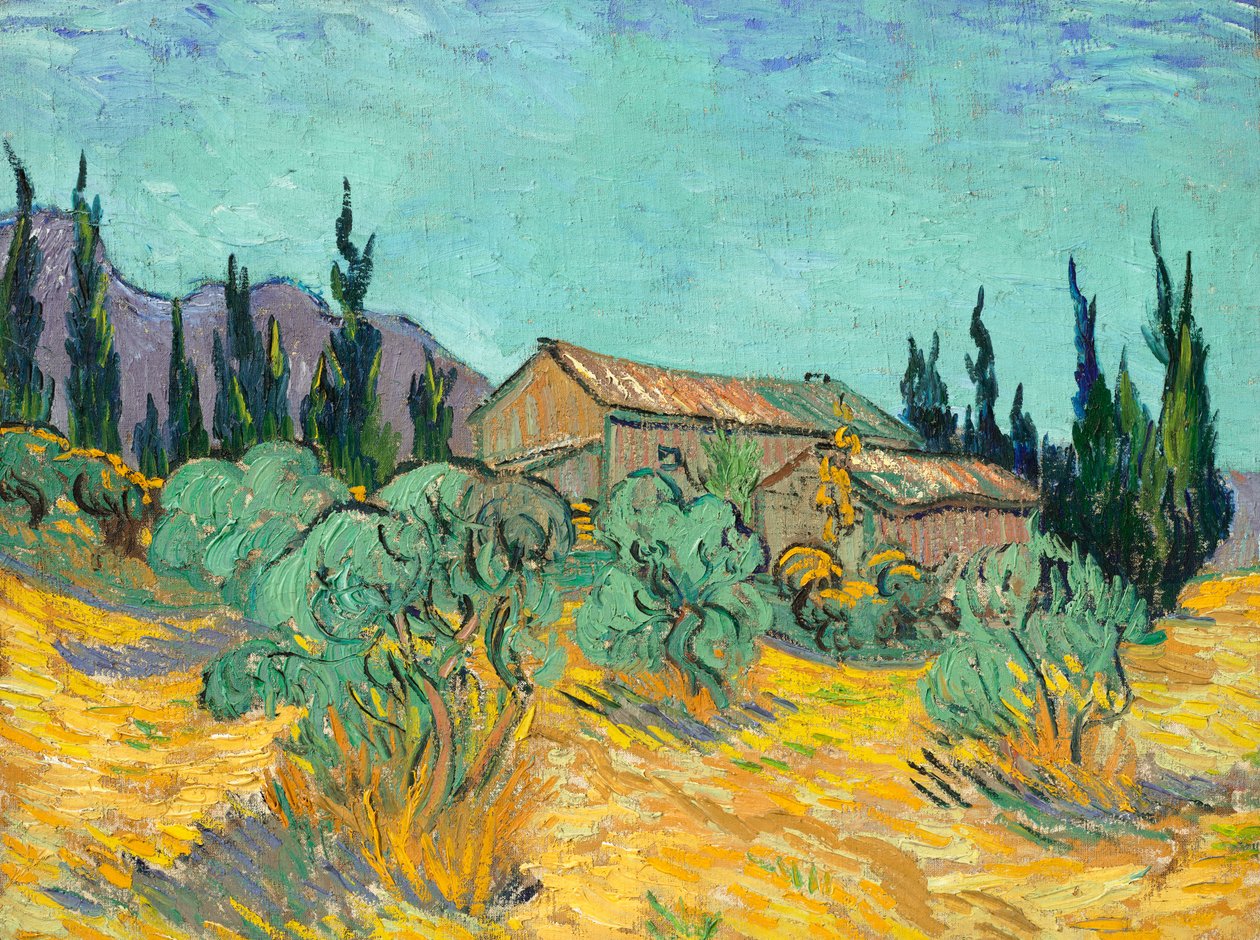 Puiset mökit oliivipuiden ja sypressien keskellä tekijältä Vincent van Gogh