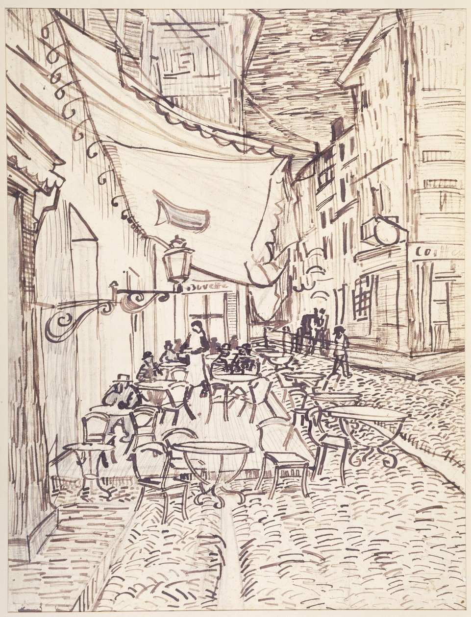 Cafe Terrace at Night, syyskuu 1888 (ruokokynä ja muste grafiitilla levitetylle paperille) tekijältä Vincent van Gogh