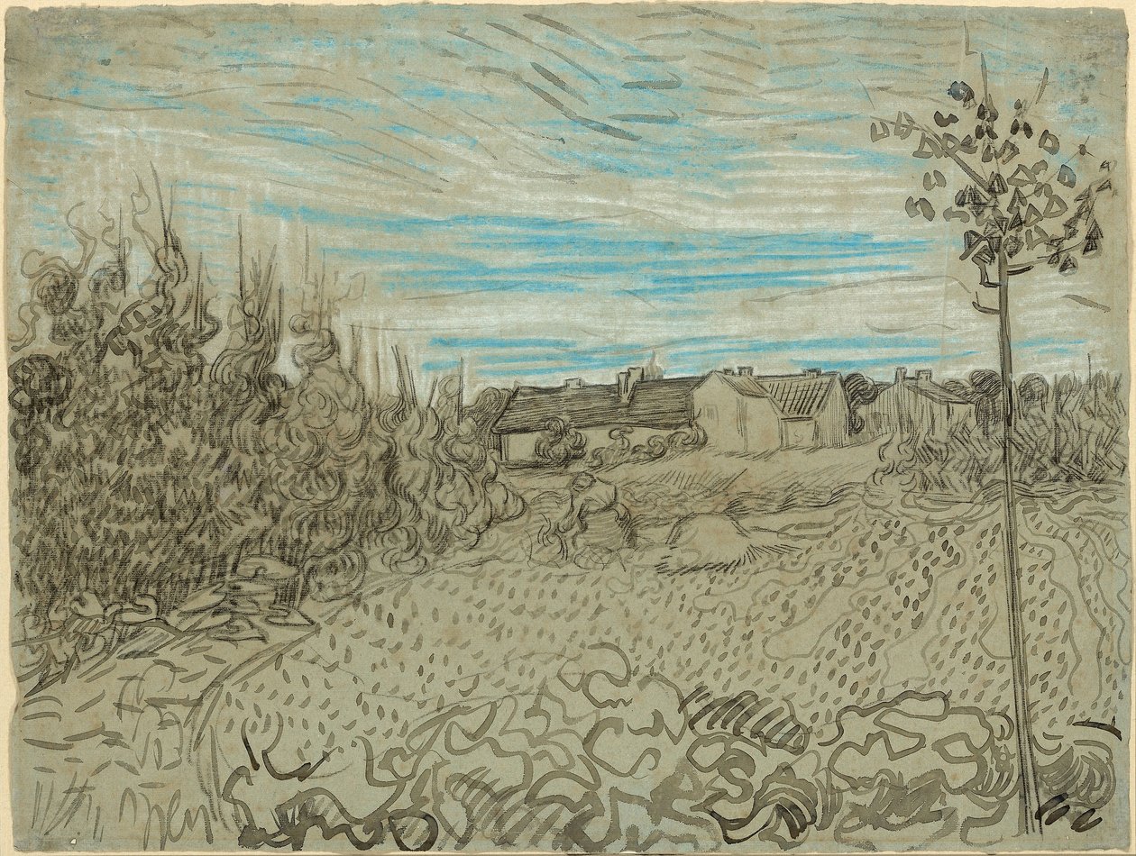 Mökkejä, jossa nainen työskentelee keskellä maata tekijältä Vincent van Gogh