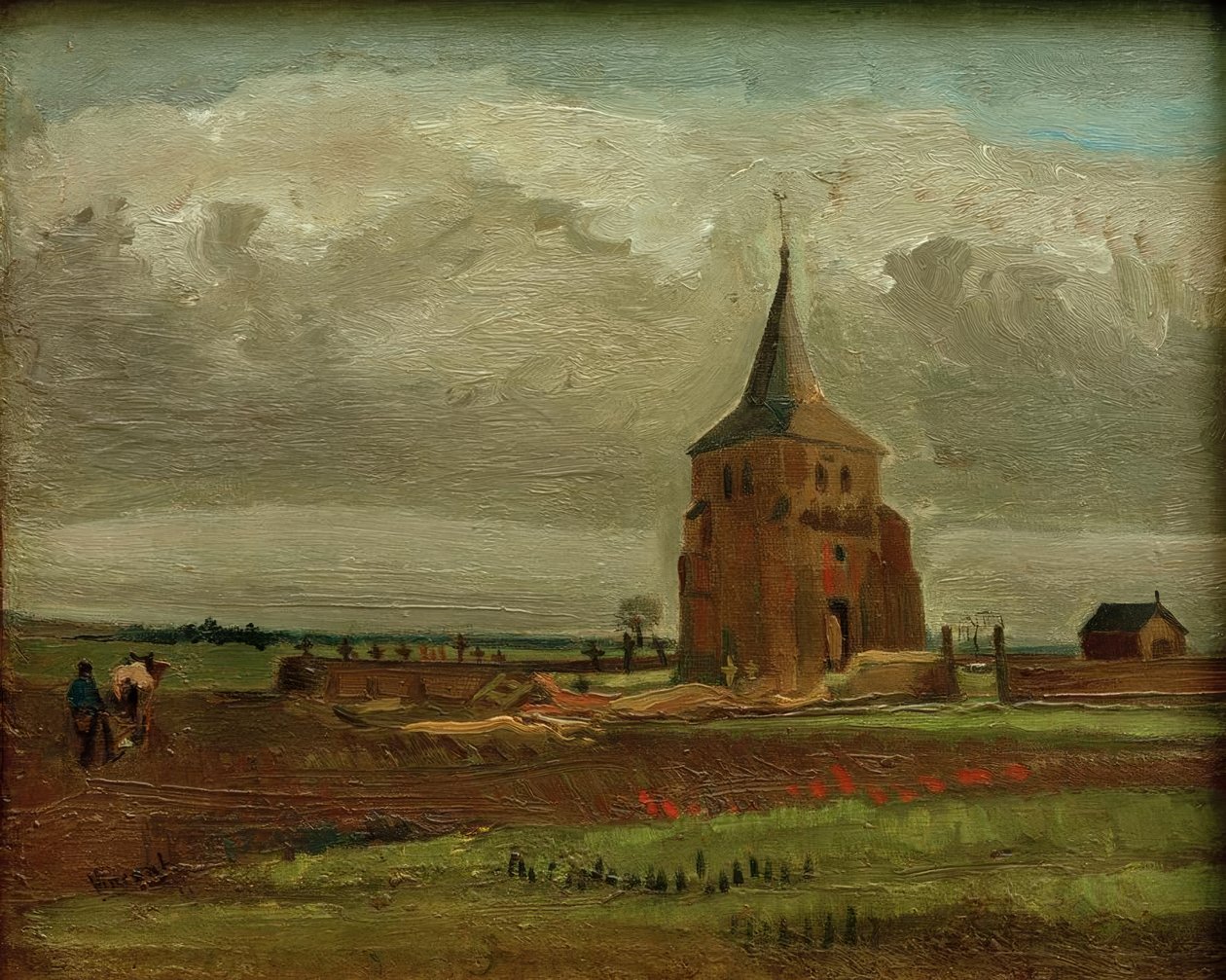 Der alte Friedhofsturm in Nuenen mit pflügendem Bauer tekijältä Vincent van Gogh