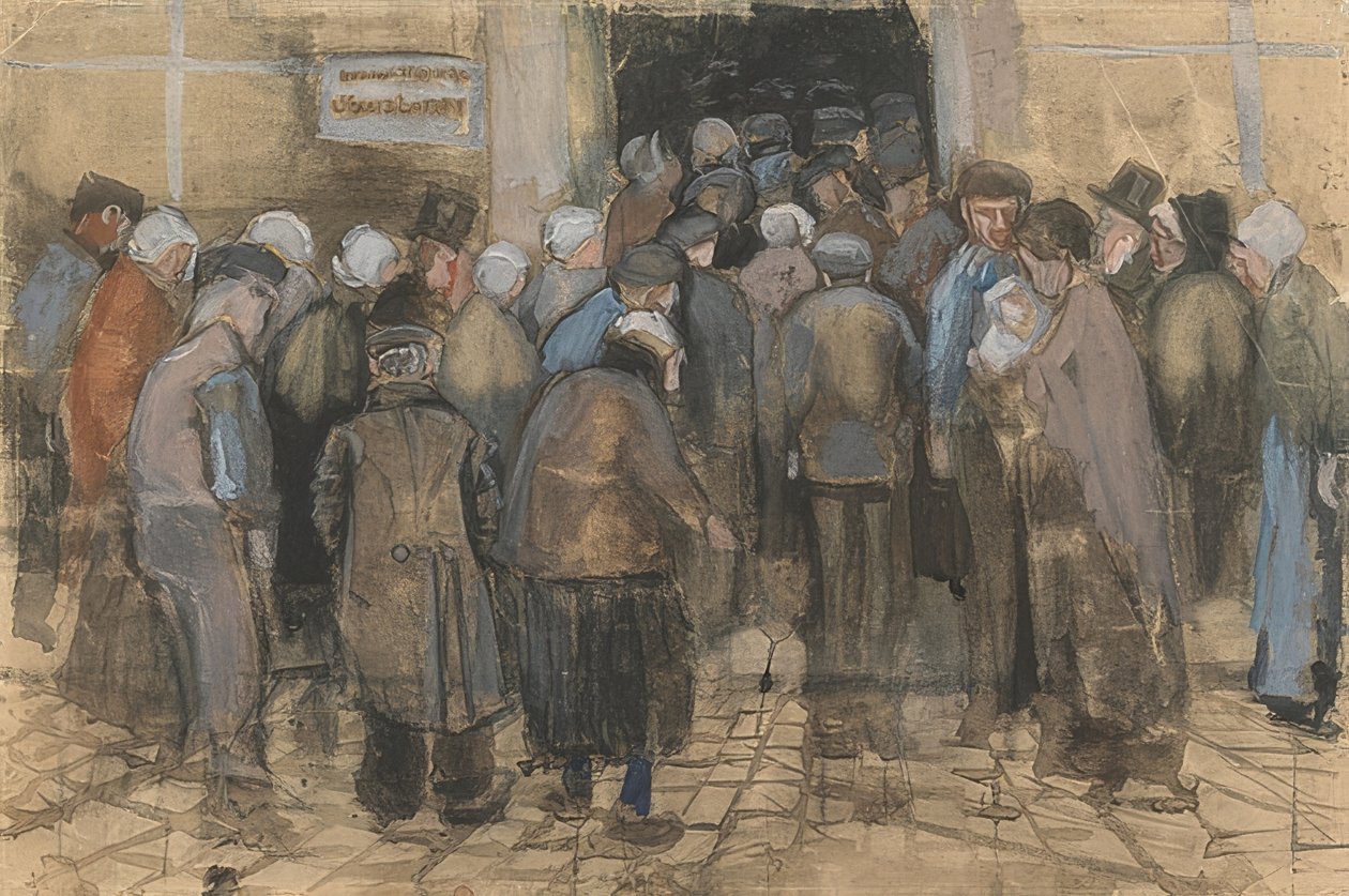Köyhät ja rahat (väkijoukko valtion arpajaistoimiston edessä). 1882 tekijältä Vincent van Gogh
