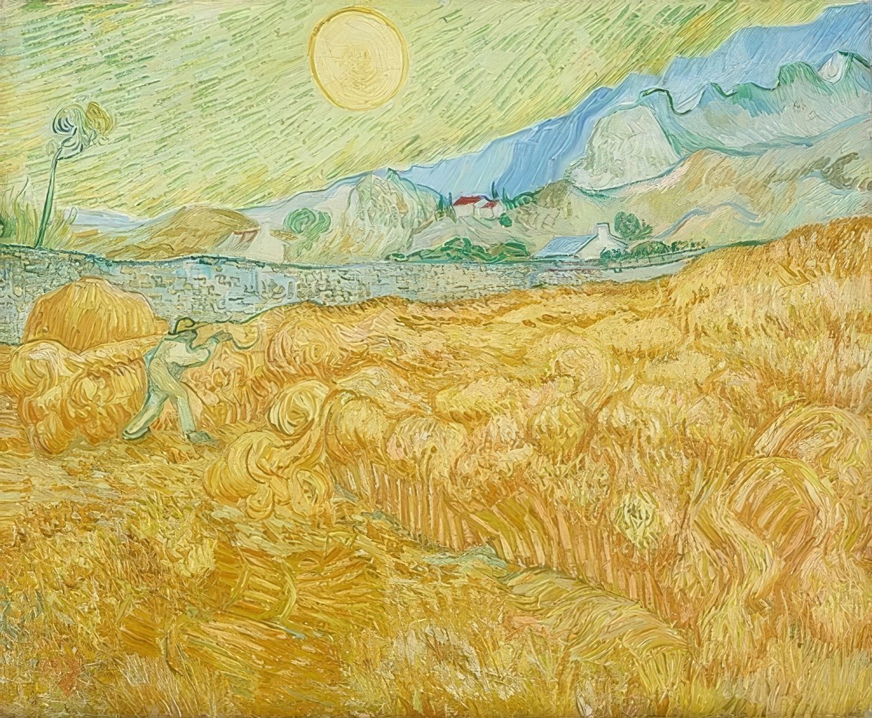 Sadonkorjuu, viljapelto ja niittokoneet (La moisson). 1889 tekijältä Vincent van Gogh