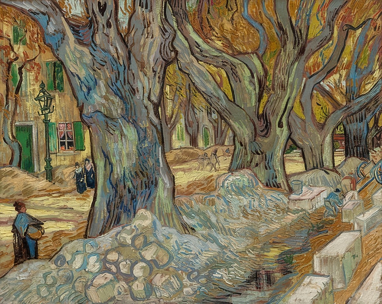 Isot plataanipuut (Saint-Rémyn tietyöläiset). 1889 tekijältä Vincent van Gogh