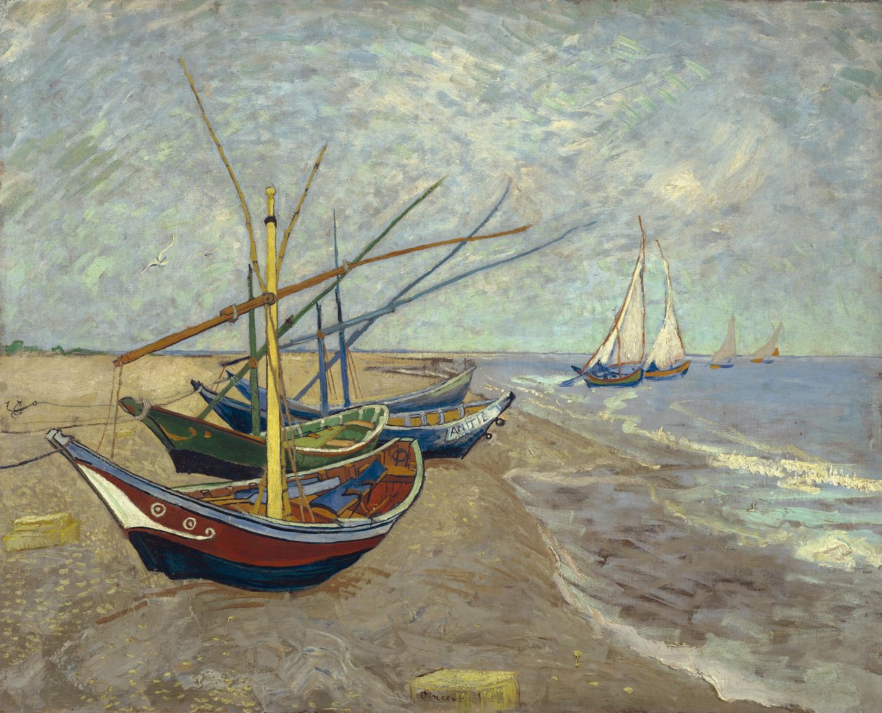 Kalastusveneitä rannalla Les Saintes-Maries-de-la-Merissä tekijältä Vincent van Gogh