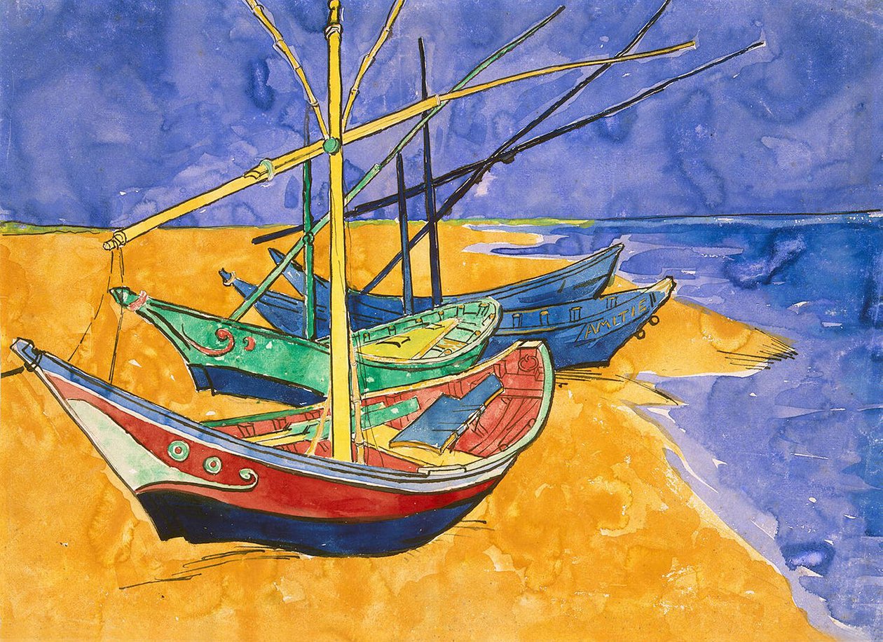 Kalastusveneet Saintes-Maries-de-la-Merin rannalla (kynä ja muste vesivärillä paperille) tekijältä Vincent van Gogh