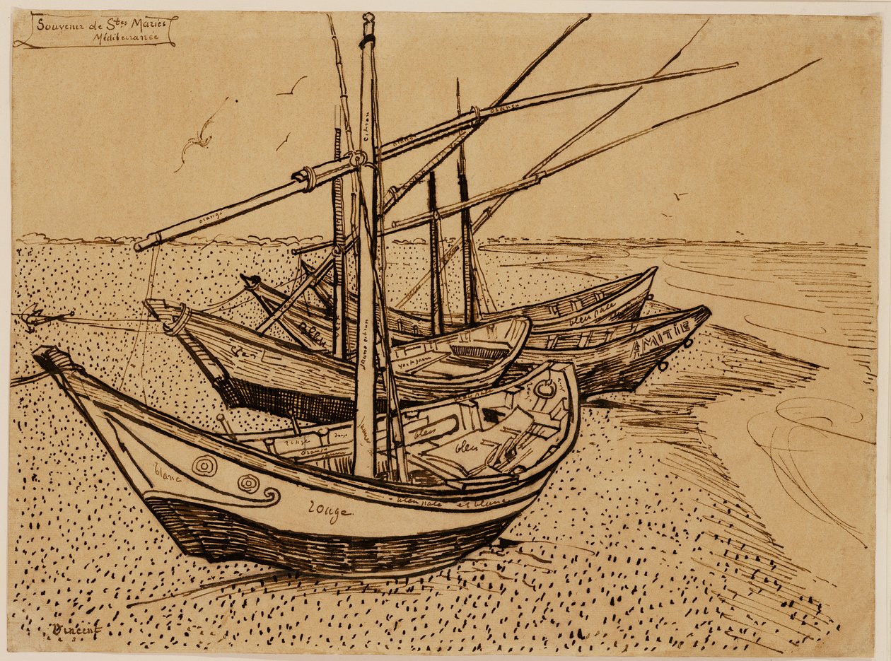 Kalastusveneet rannalla Saintes-Maries-de-la-Merissä tekijältä Vincent van Gogh
