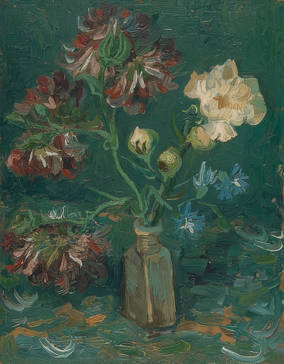 Pullo pioneilla ja delphiniumilla. 1886 tekijältä Vincent van Gogh