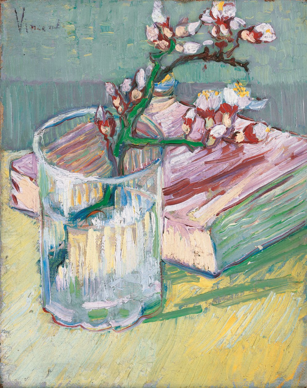 Kukkiva mantelioksa lasissa ja kirja, 1888 tekijältä Vincent van Gogh