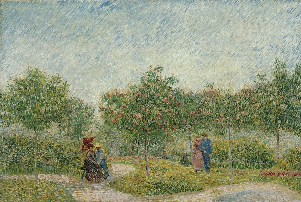 Puutarha Montmartrella ja rakastavaisia tekijältä Vincent van Gogh