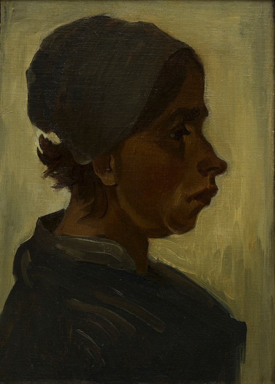 Talonpoikaisnaisen pää, jolla on tumma lippalakki tekijältä Vincent van Gogh