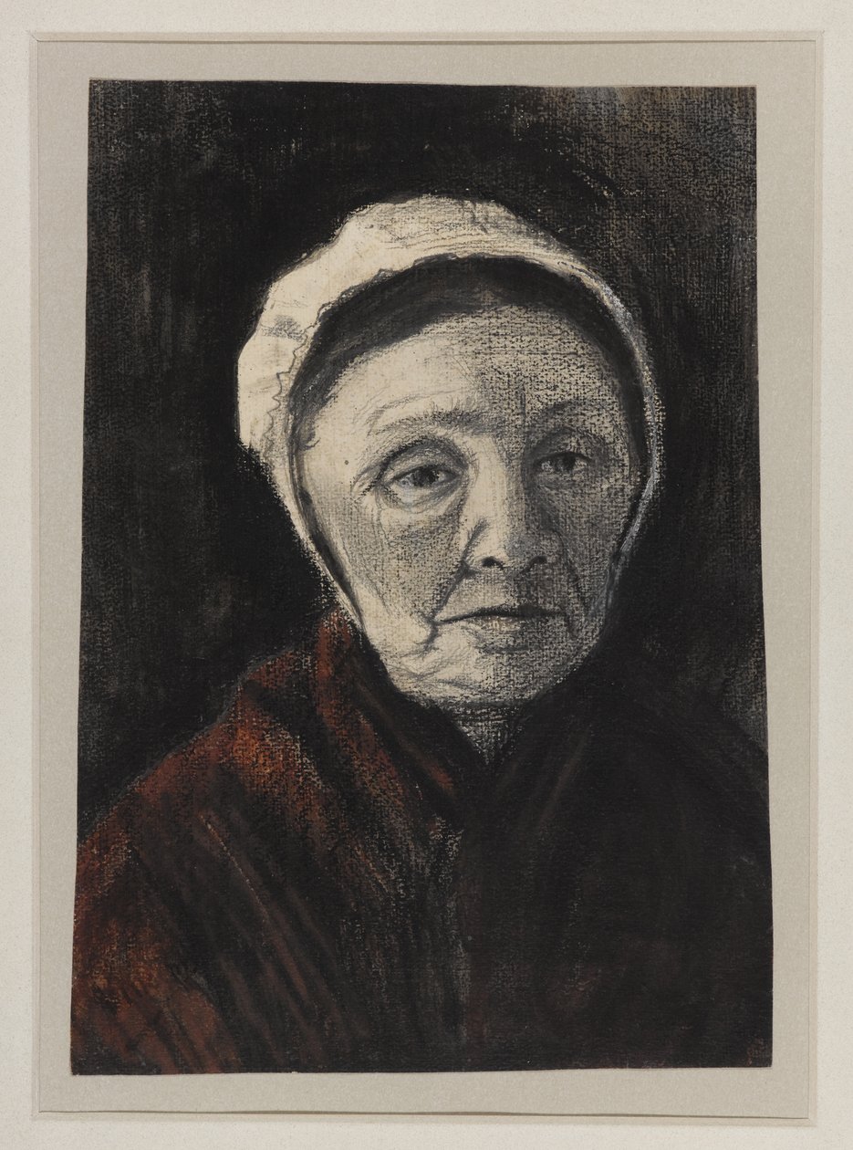 Vanhan naisen pää Scheveningerin lippalakki päässä, 1882-83 (hiili, musta ja ruskea liitu paperille) tekijältä Vincent van Gogh