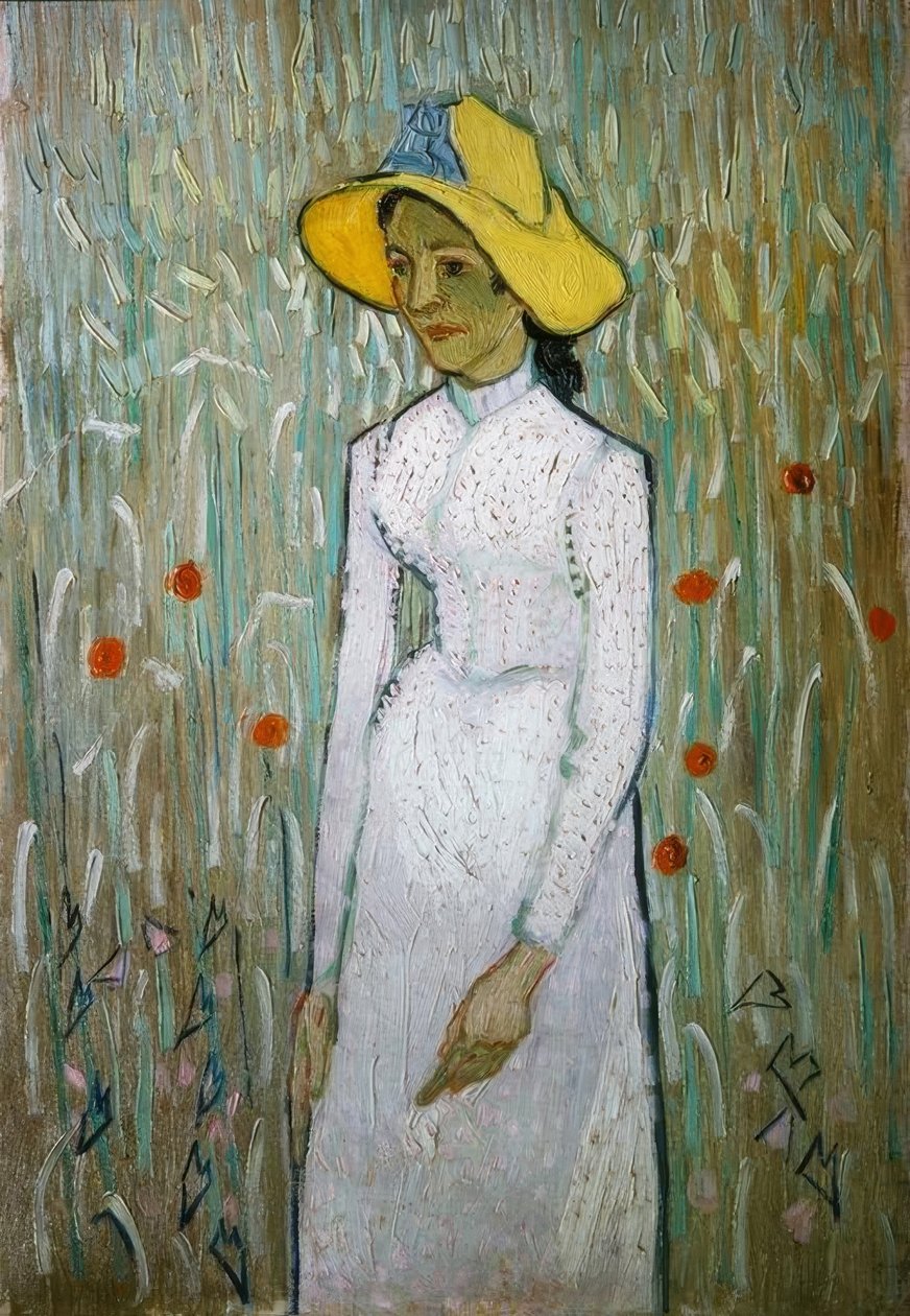 Junges Mädchen, vor einem Weizenfeld stehend tekijältä Vincent van Gogh