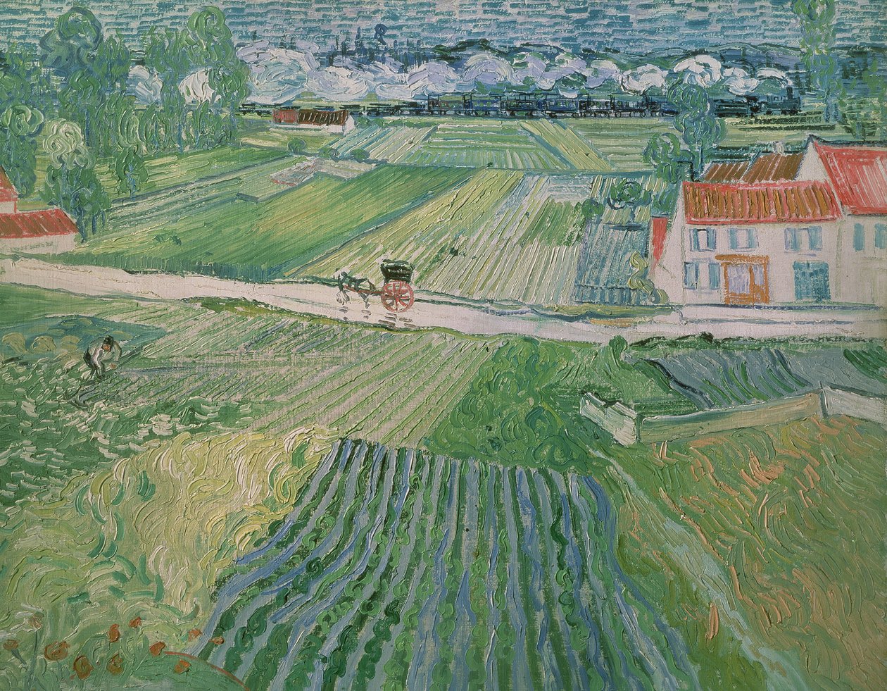 Maisema Auversissa sateen jälkeen (maisema vaunujen ja junan kanssa) tekijältä Vincent van Gogh