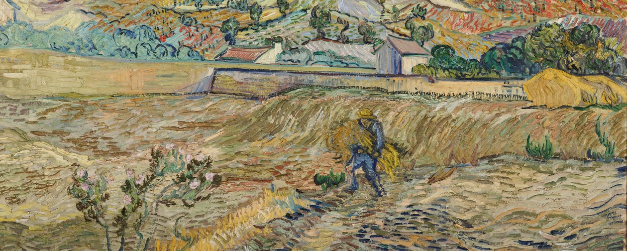 Maisema Saint-Rémyssä (aidattu pelto ja talonpoika) tekijältä Vincent van Gogh