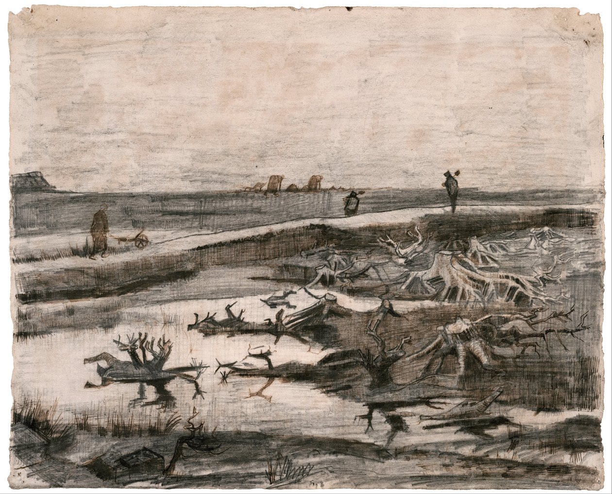Maisema ja suohon uponneet rungot (Peltotyöt) tekijältä Vincent van Gogh