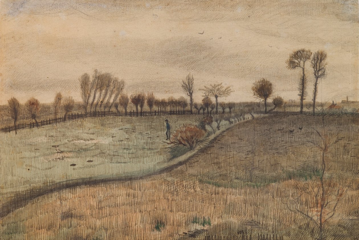 Maisema ja latvotut pajut (kääntöpuolella: hahmo maisemassa) tekijältä Vincent van Gogh