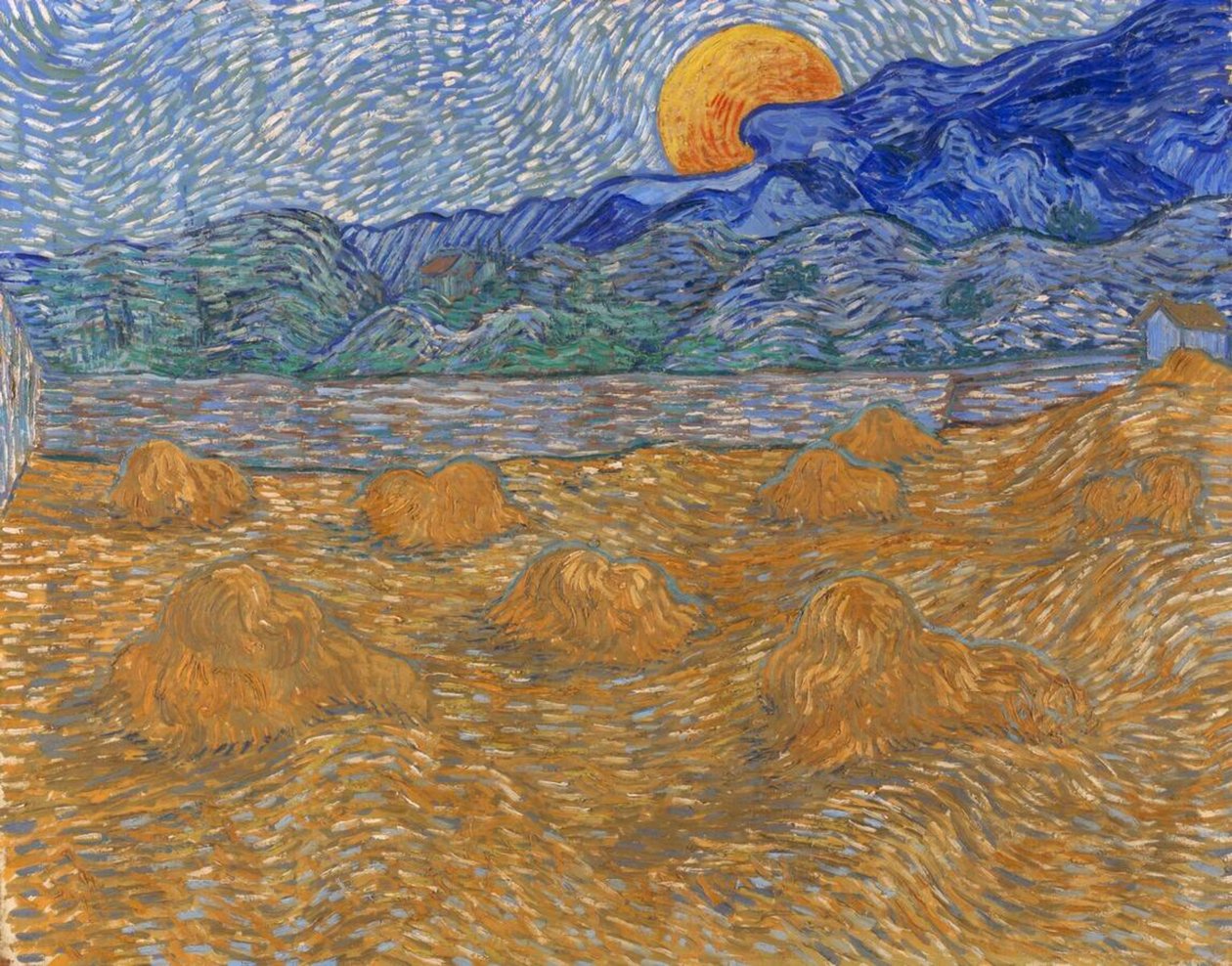 Maisema, jossa on vehnänkorret ja nouseva kuu tekijältä Vincent van Gogh