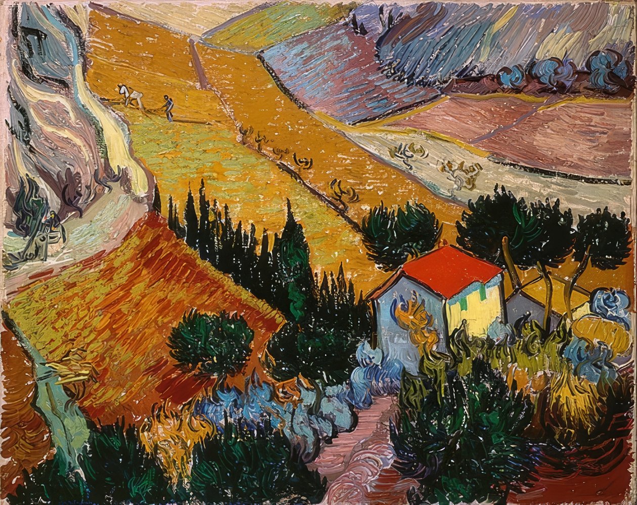 Maisema talon ja kyntäjän kanssa. 1889 tekijältä Vincent van Gogh