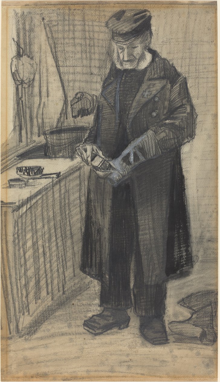 Mies kiillottaa saappasta, 1882 (musta liitu ja harmaa pesu, valkoisella korotuksella, vellapaperille). tekijältä Vincent van Gogh