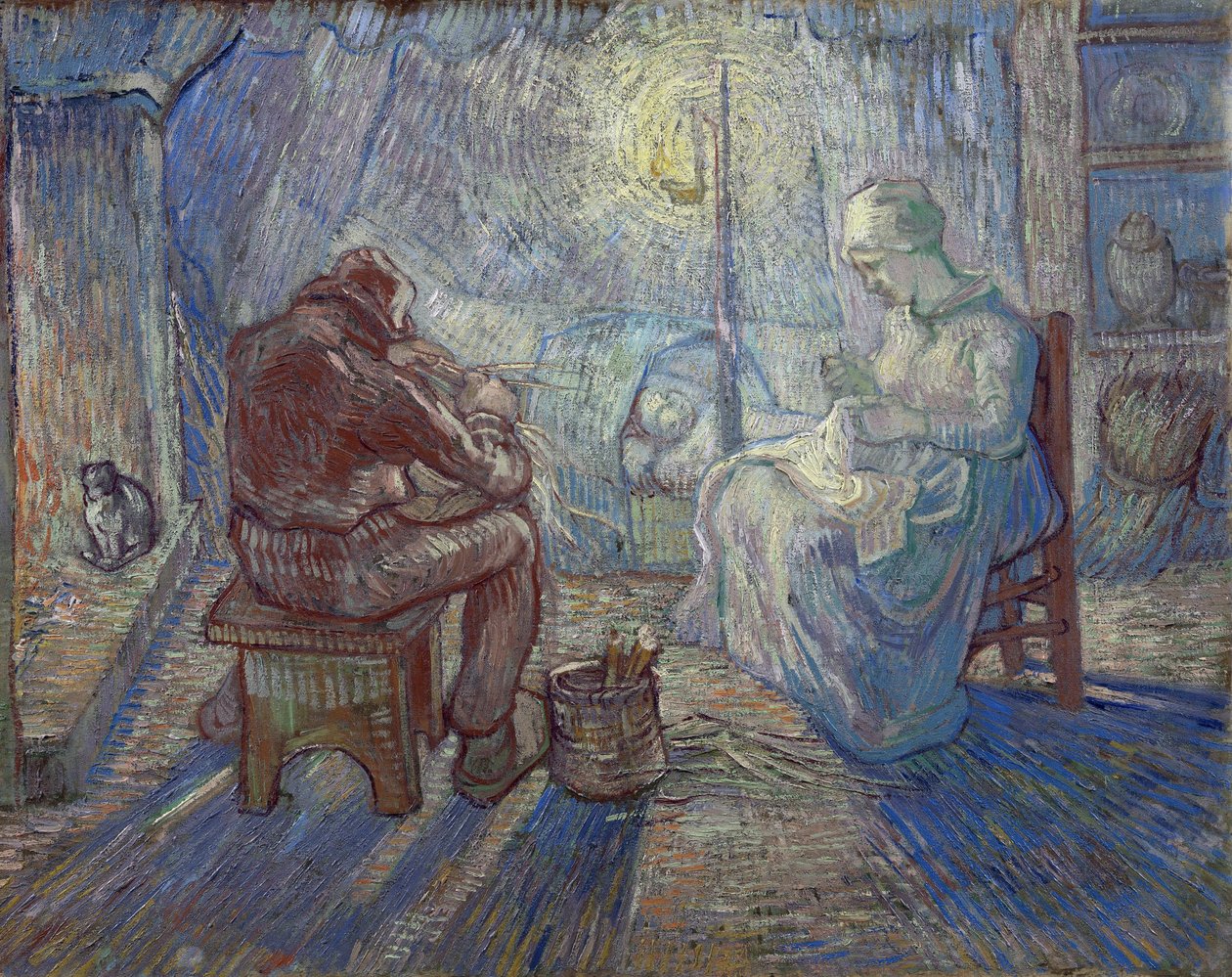 "Yö" (yö) talonpoikaperhe sisätiloissa - Vincent van Goghin (1853-1890) maalaus Milletin jälkeen tekijältä Vincent van Gogh