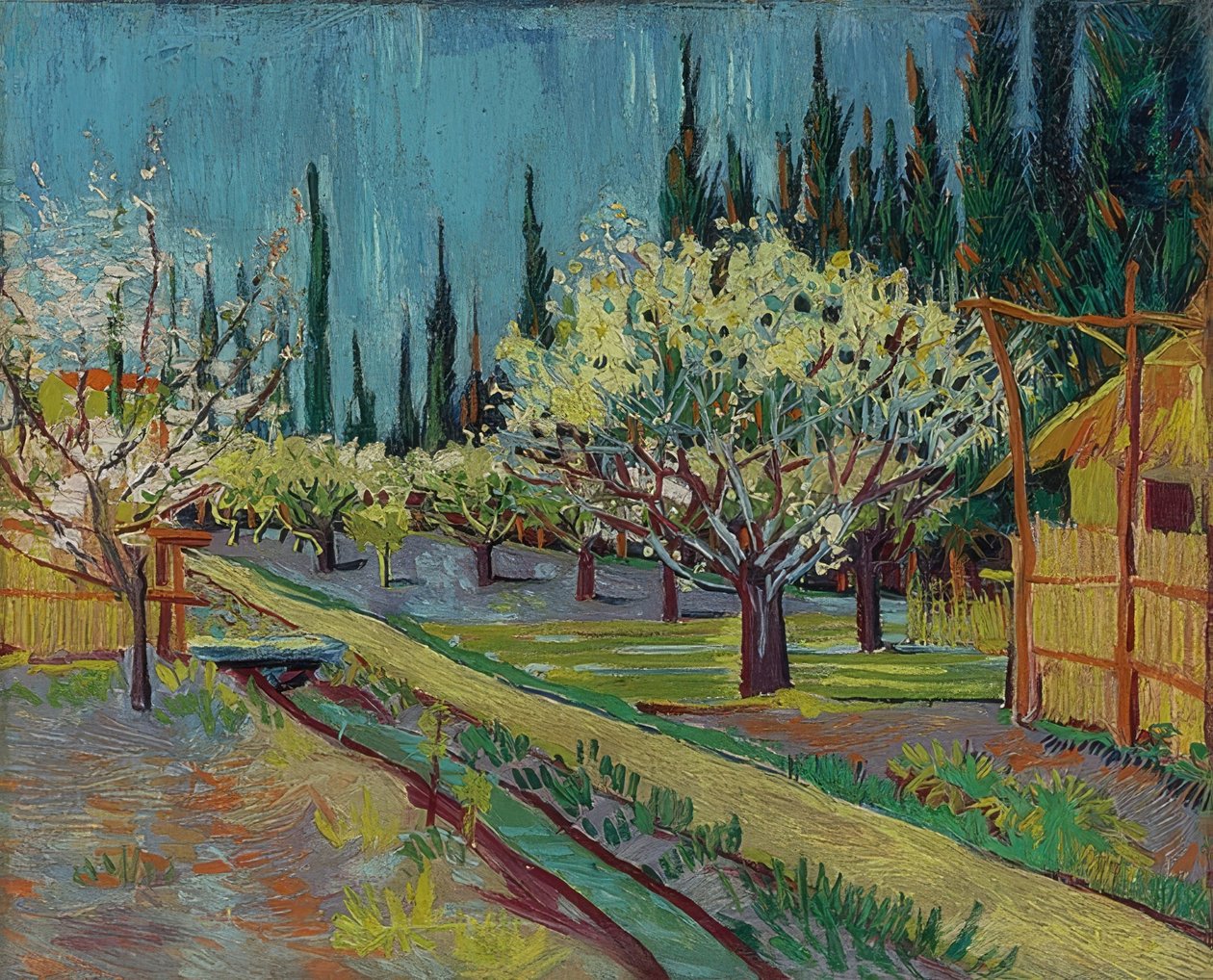 Sypressipuiden ympäröimä hedelmätarha. 1888 tekijältä Vincent van Gogh