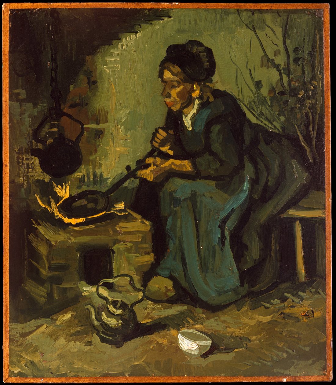 Talonpoikaisnainen valmistamassa ruokaa tulisijan ääressä tekijältä Vincent van Gogh