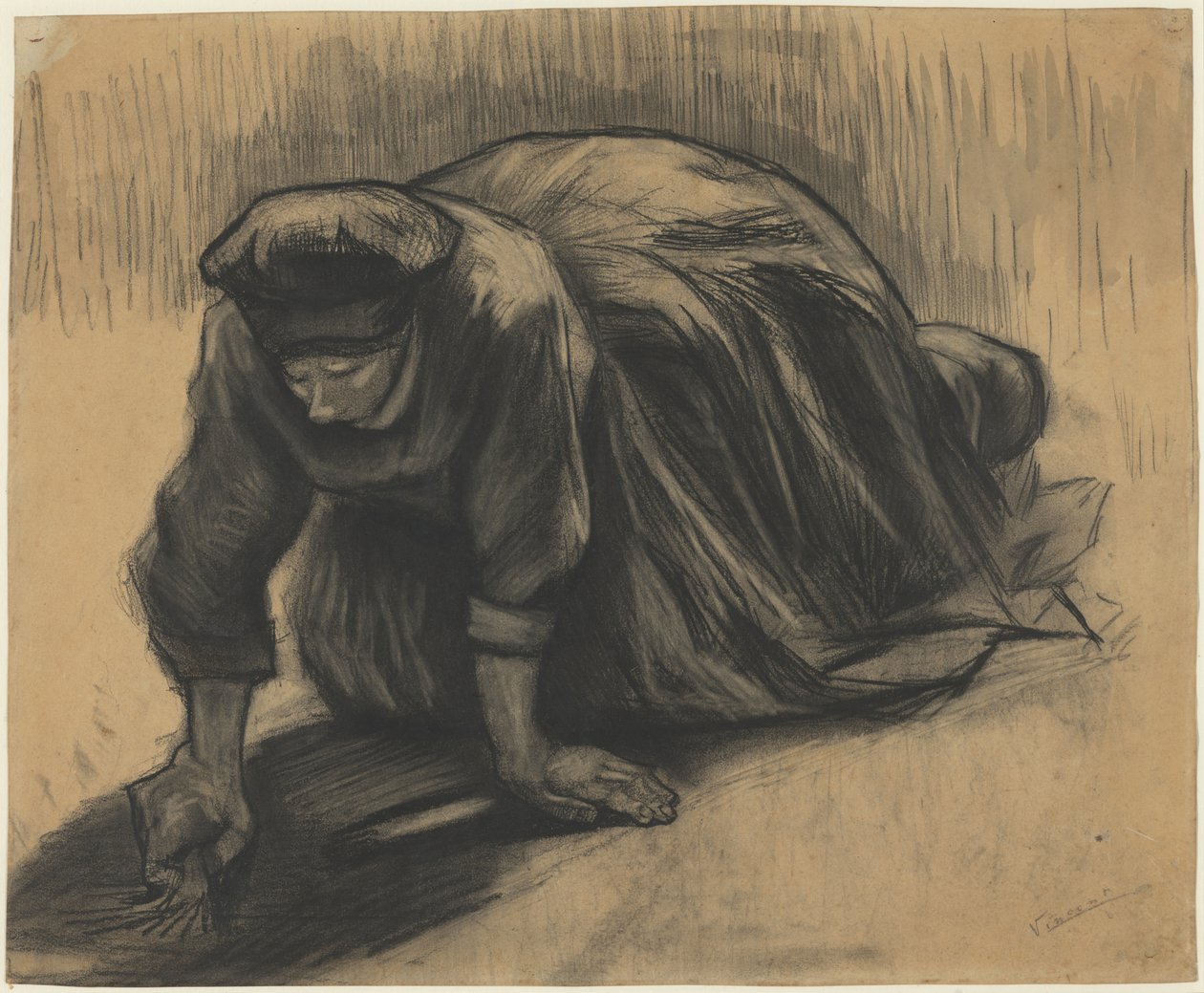 Polvistuva talonpoikaisnainen vetämässä porkkanoita maasta tekijältä Vincent van Gogh
