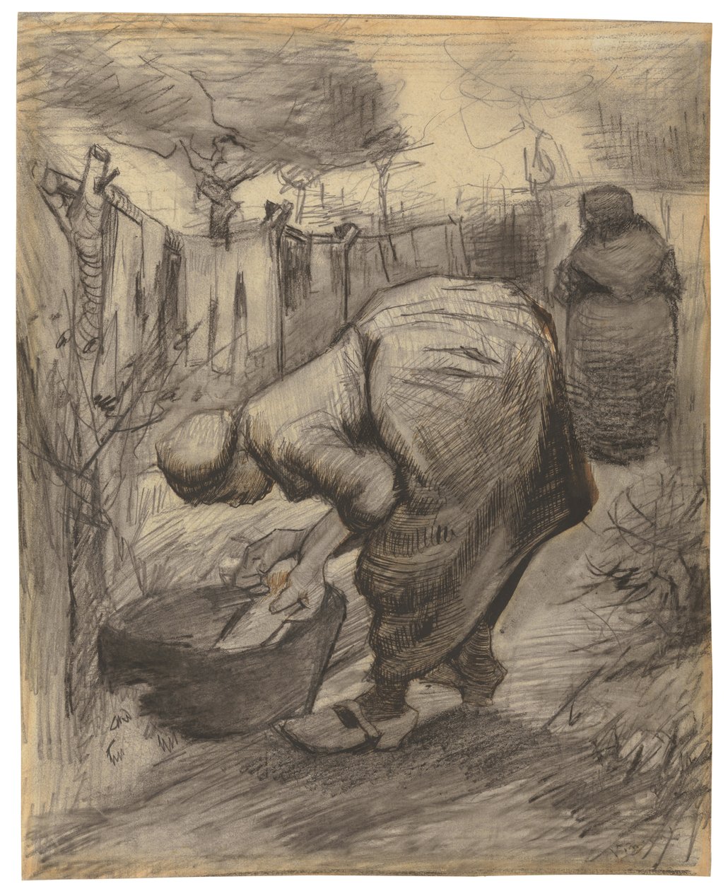 Talonpoika pesualtaalla puutarhassa; Talonpoikanainen pesualtaalla puutarhassa, 1885 tekijältä Vincent van Gogh