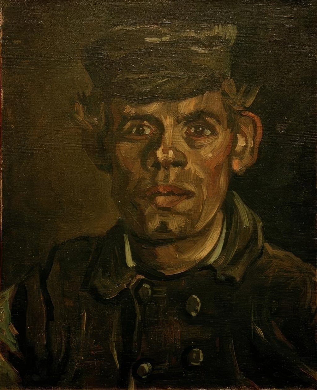 Muotokuva nuoresta maanviljelijästä sateenvarjolippalakki päässä tekijältä Vincent van Gogh