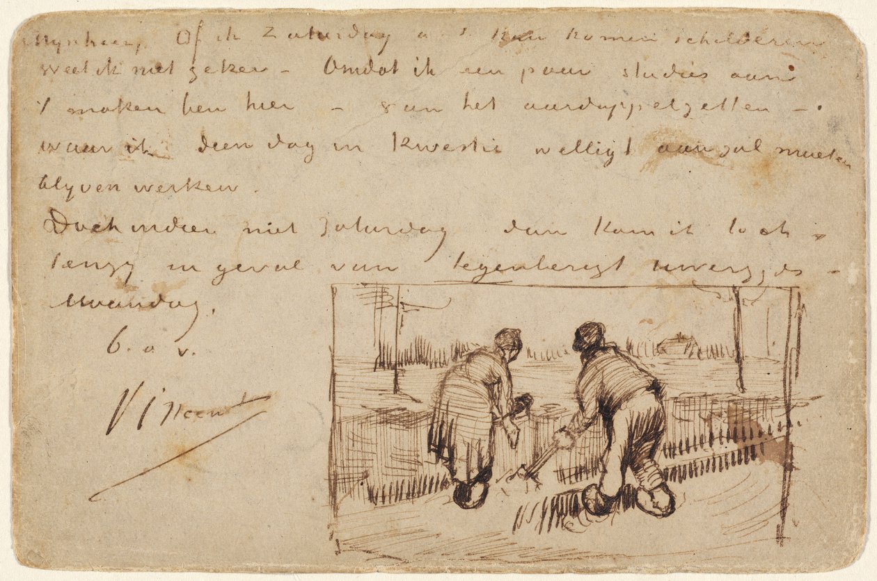 Postikortti, jossa kaksi talonpoikaa kaivamassa, 1885 (kynä ja ruskea muste postikortissa) tekijältä Vincent van Gogh