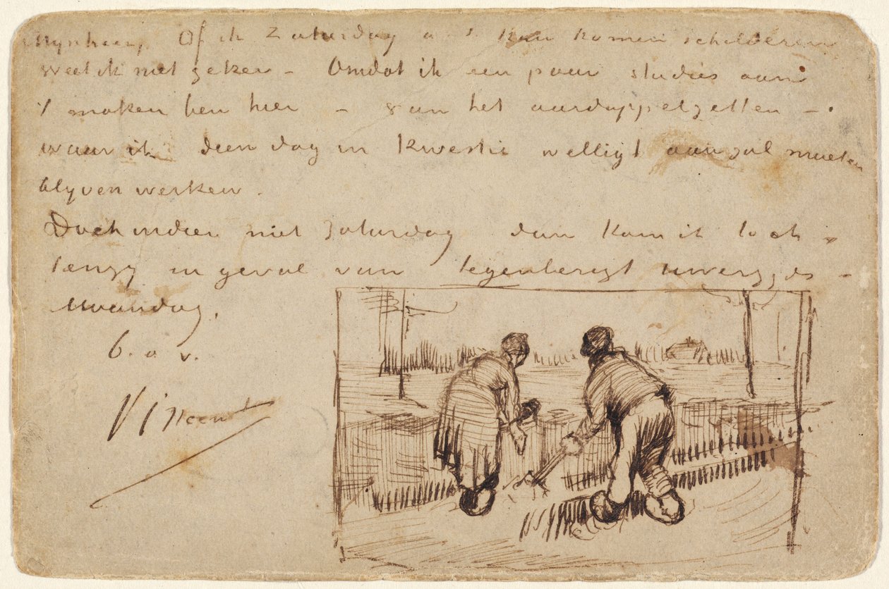 Postikortti, jossa kaksi talonpoikaa kaivaa, 1885. tekijältä Vincent van Gogh