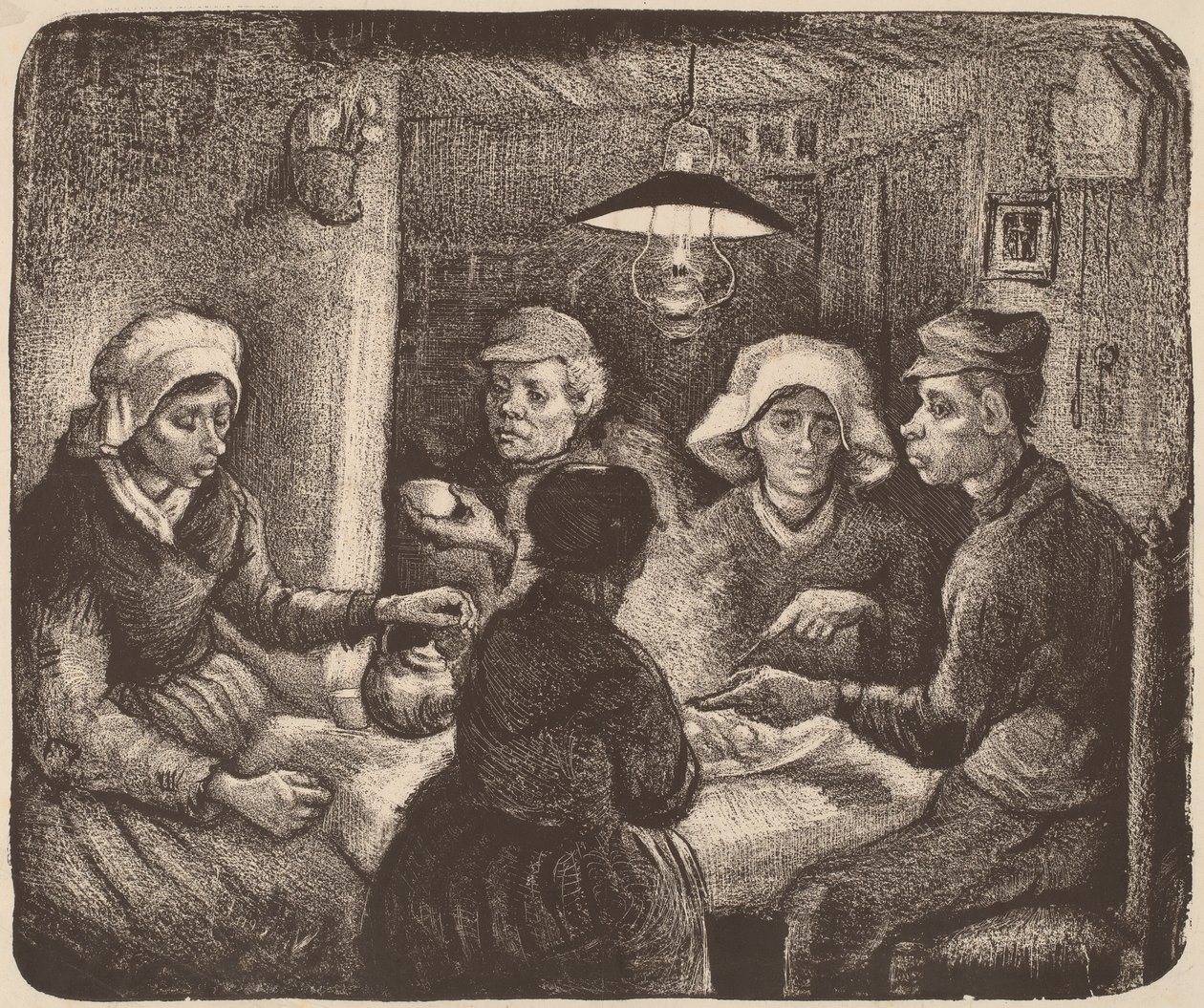 Perunansyöjät, 1885 (tummanruskea litografia) tekijältä Vincent van Gogh