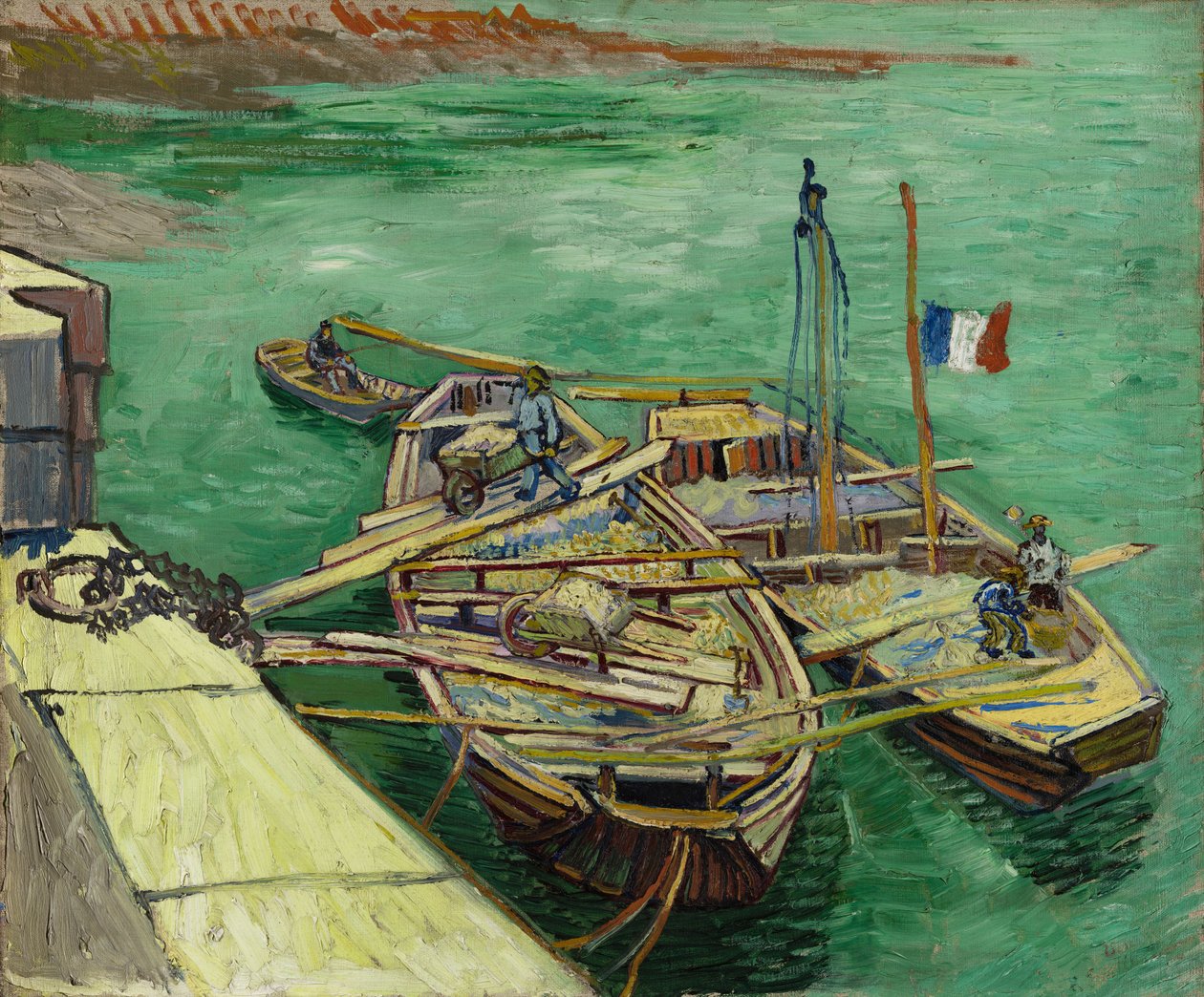 Laituri, jolla miehet purkavat hiekkaproomuja tekijältä Vincent van Gogh