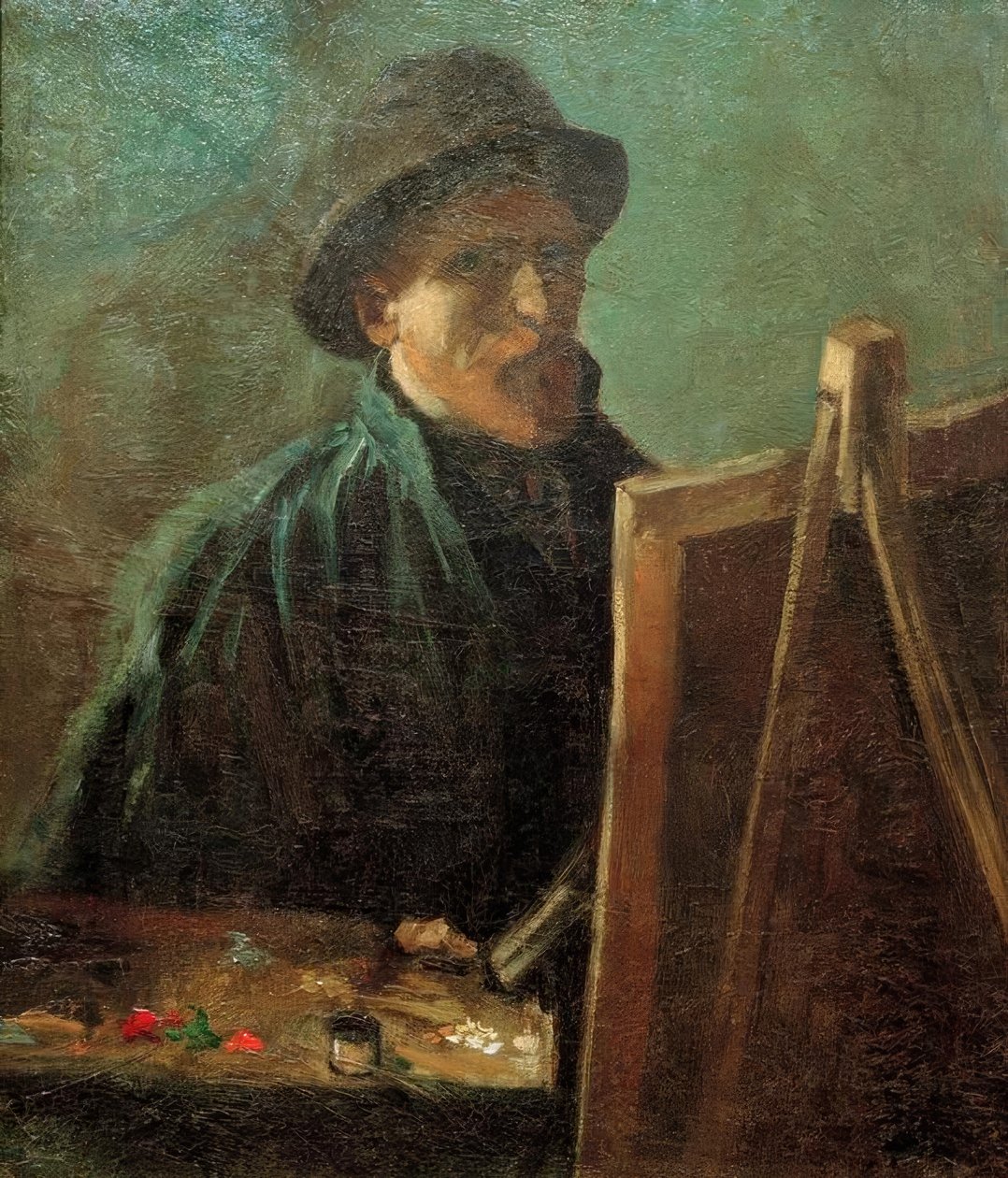 Omakuva, jossa tumma turkishattu telineen edessä tekijältä Vincent van Gogh