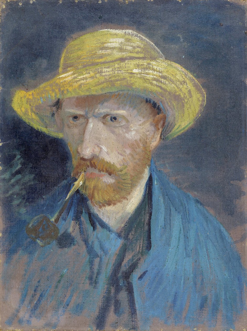 Omakuva olkihatulla ja Pipe par Gogh, Vincent, pakettiauto (1853-1890). Öljy kankaalle, koko: 42,5x32,1 tekijältä Vincent van Gogh