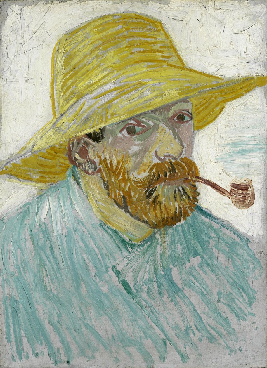 Omakuva olkihatulla ja Pipe par Gogh, Vincent, pakettiauto (1853-1890). Öljy kankaalle, koko: 41,9x30,1 tekijältä Vincent van Gogh