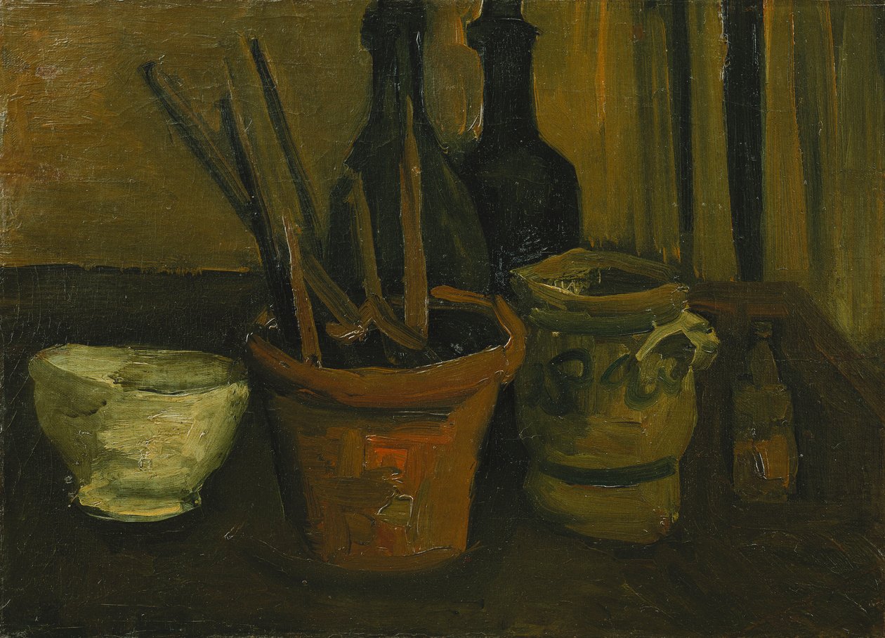 Asetelma siveltimien kanssa kukkaruukussa; Asetelma harjoilla kukkaruukussa, 1884 tekijältä Vincent van Gogh