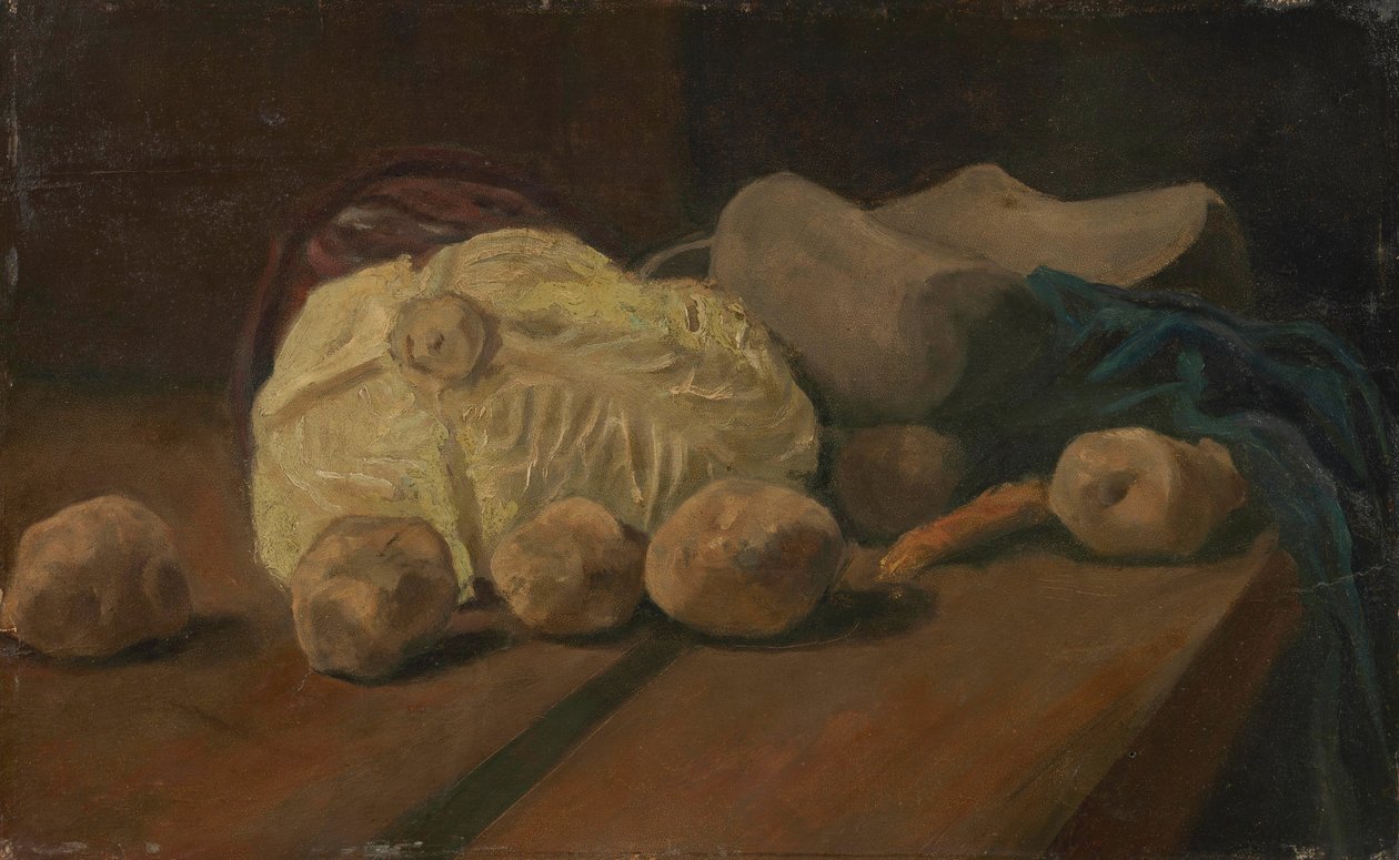 Asetelma, jossa on kaalia ja puukenkiä tekijältä Vincent van Gogh