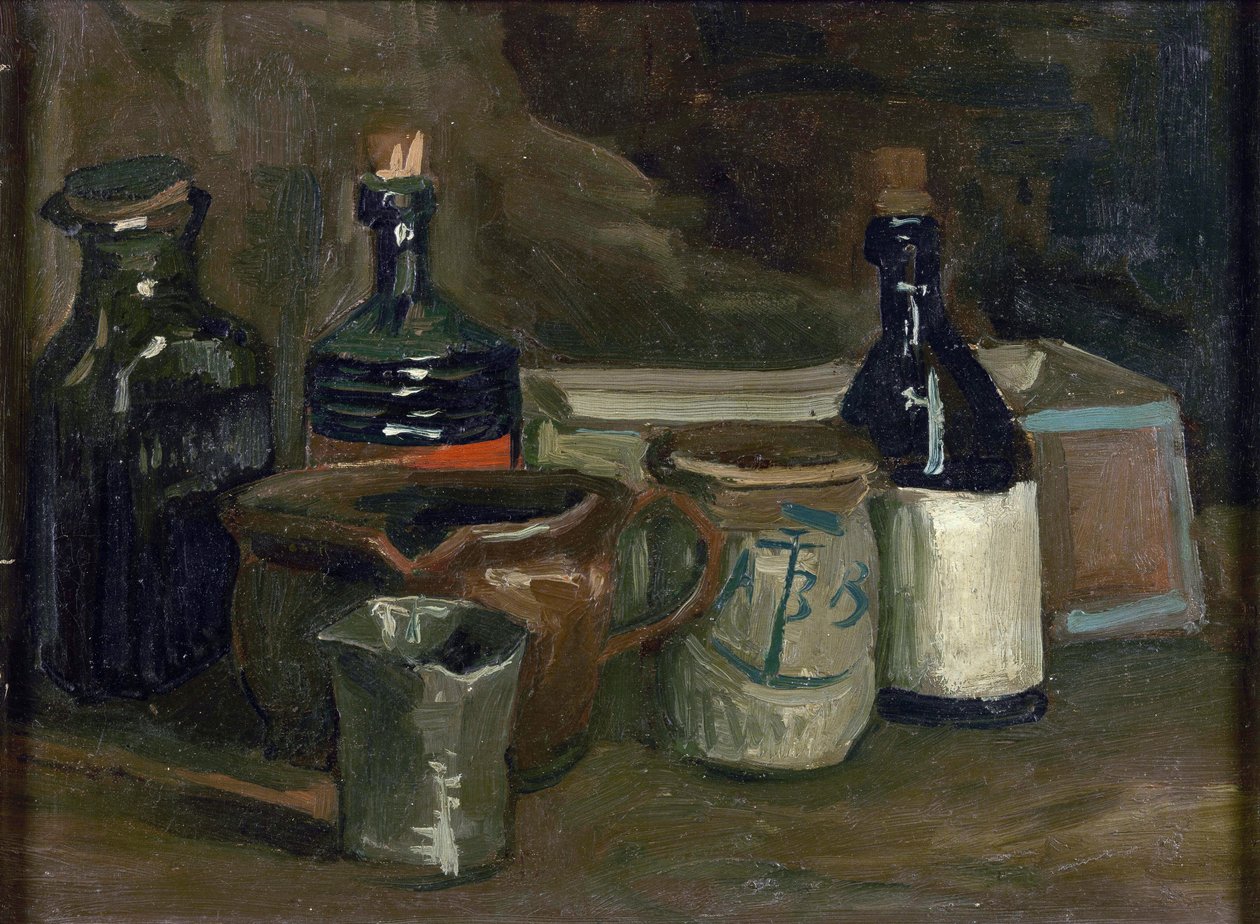 Asetelma pulloilla ja keramiikkaa par Gogh, Vincent, pakettiauto (1853-1890). Öljy kankaalle, koko: 31,5x41,8 tekijältä Vincent van Gogh