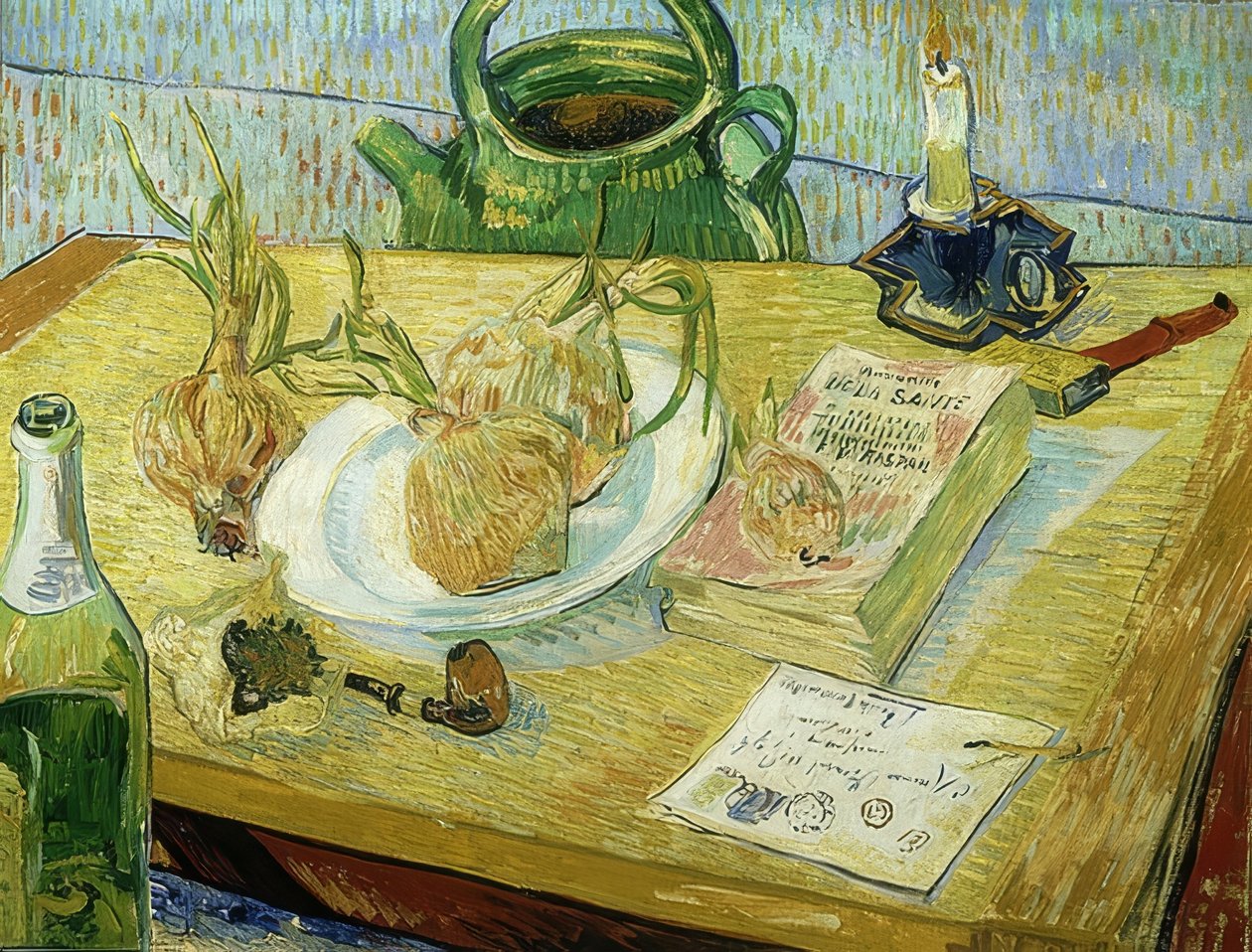 Asetelma piirustuslaudalla, piipulla, sipulilla ja sinettivahalla. 1889 tekijältä Vincent van Gogh