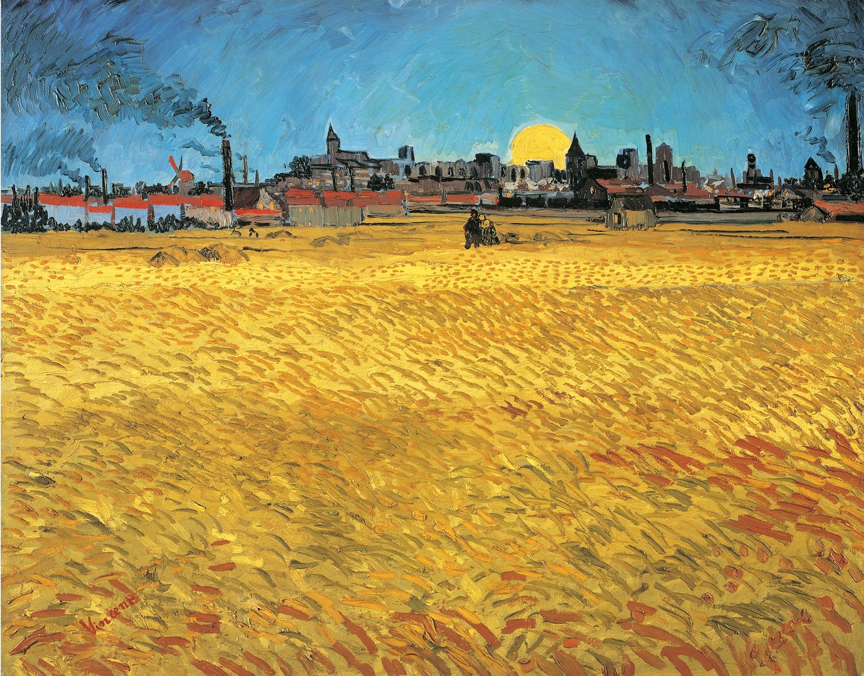 Auringonlasku: Vehnäpellot lähellä Arles tekijältä Vincent van Gogh
