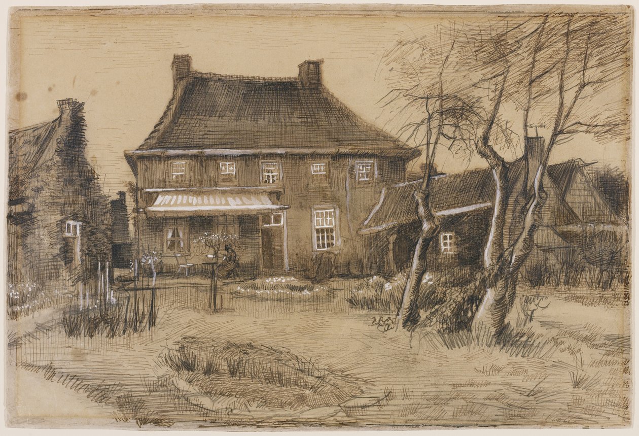 Neusen pappila: takaa katsottuna, taiteilijastudio oikealla, n. 1884 (grafiitti, kynä ja ruskea muste, ruskea pesu, korotettu valkoisella kudottupaperille) tekijältä Vincent van Gogh