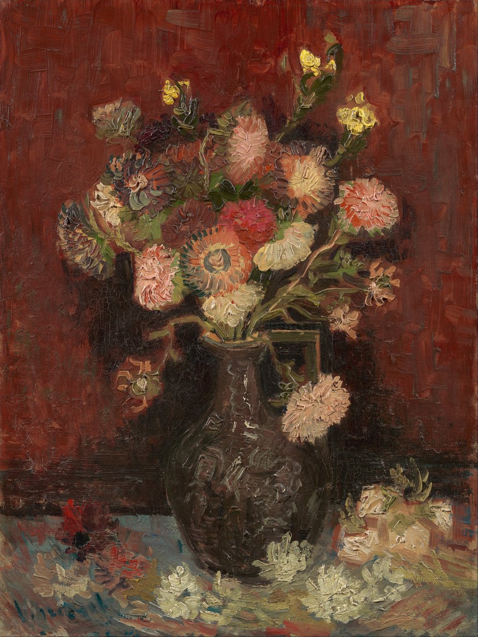 Maljakko, jossa on kiinanastereita ja gladioleja tekijältä Vincent van Gogh