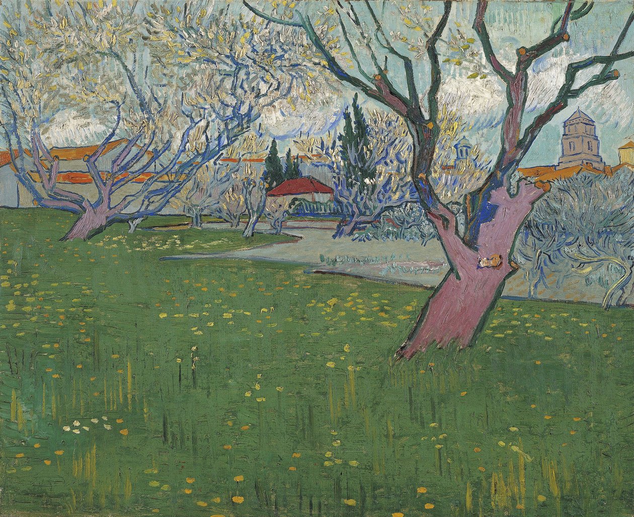 ""Vergers en fleurs, Arles"" (Kukkivat hedelmätarhat, näkymä Arlesiin) Peinture de Vincent van Gogh (1853-1890) 1888 Amsterdam, Van Goghin museo tekijältä Vincent van Gogh